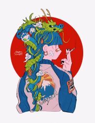 Rule 34 | 1girl, artist name, bandaid, bandaid on cheek, bandaid on face, bandaid on nose, black nails, blue hair, blue jacket, braid, braided ponytail, chinese zodiac, cigarette, closed mouth, commentary, creature, creature on head, cropped torso, dragon, earrings, eastern dragon, english commentary, english text, from behind, green hair, hand up, highres, holding, holding cigarette, hoop earrings, jacket, jewelry, long hair, long sleeves, looking to the side, meru illust, mount fuji, multicolored hair, new year, no sclera, orb, original, red background, red eyes, simple background, solo, streaked hair, sukajan, white background, whorled clouds, year of the dragon
