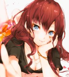 Rule 34 | 1girl, :3, blue eyes, blush, breasts, head rest, cleavage, earrings, highres, ichinose shiki, idolmaster, idolmaster cinderella girls, jewelry, lips, long hair, looking at viewer, lying, nail polish, necklace, on stomach, petals, pointing, pointing at viewer, red hair, ryuu., solo