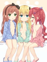 Rule 34 | 3girls, :d, ^ ^, bad id, bad pixiv id, bare shoulders, bed sheet, black bow, black ribbon, blonde hair, blue eyes, blue footwear, blue hoodie, blue panties, blush, borrowed character, bow, breasts, brown hair, closed eyes, closed mouth, collarbone, drawstring, facing another, fang, fingernails, girl sandwich, green eyes, green footwear, green hoodie, hair between eyes, hair bow, hair ornament, hair ribbon, hazuki watora, highres, hood, hood down, hoodie, long hair, long sleeves, looking at another, minazuki sarami, multiple girls, navel, off shoulder, open clothes, open hoodie, open mouth, original, panties, pink footwear, pink hoodie, purple ribbon, red hair, ribbon, sandwiched, shimotsuki potofu, sitting, sleeves past wrists, slippers, small breasts, smile, striped clothes, striped panties, sutei (xfzdarkt), sweat, twintails, underwear, very long hair, white panties