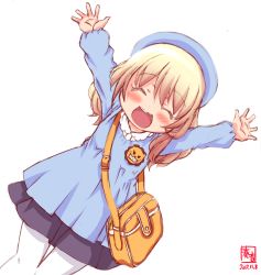 Rule 34 | 1girl, :d, ^ ^, aged down, alternate costume, arms up, atago (kancolle), bag, blonde hair, blue hat, closed eyes, dated, hat, highres, kanon (kurogane knights), kantai collection, kindergarten uniform, lion, long hair, looking at viewer, missing tooth, name tag, open mouth, outstretched arms, pantyhose, pleated skirt, school bag, school hat, simple background, sketch, skirt, smile, solo, spread arms, translated, white background, white pantyhose