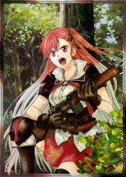 Rule 34 | 00s, 10s, 1girl, black gloves, black ribbon, black thighhighs, brown eyes, forest, gloves, gun, hair ribbon, holding, holding gun, holding weapon, long hair, lowres, military, multicolored hair, nature, on one knee, one side up, open mouth, outdoors, pleated skirt, red hair, red skirt, ribbon, riela marcellis, rifle, senjou no valkyria, senjou no valkyria (series), senjou no valkyria 3, silver hair, skirt, solo, thighhighs, tree, tsuge mizuki, two-tone hair, weapon