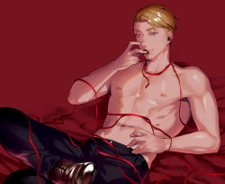 Rule 34 | 1boy, abs, arm support, bed sheet, black pants, blonde hair, brown footwear, chocolate, come hither, cowboy shot, eating, finger to mouth, hair slicked back, hand to own mouth, crossed legs, looking at viewer, lying, male focus, misaka niumu, nipples, original, oxfords, pants, pectorals, purple eyes, red ribbon, ribbon, solo, toned, toned male, topless male, undercut