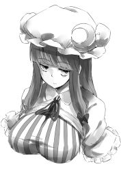 Rule 34 | 1girl, bow, breasts, capelet, crescent, crescent hair ornament, deetamu, dress, frills, greyscale, hair bow, hair ornament, hat, hat ribbon, highres, large breasts, long hair, looking away, mob cap, monochrome, pajamas, patchouli knowledge, ribbon, solo, striped clothes, striped dress, touhou, upper body, very long hair, white background
