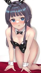 Rule 34 | 1girl, all fours, animal ears, black bow, black bowtie, black hair, black leotard, blue eyes, bow, bowtie, breasts, cleavage, commentary request, detached collar, fake animal ears, fishnet pantyhose, fishnets, half updo, idolmaster, idolmaster million live!, leotard, long hair, looking at viewer, medium breasts, mogami shizuka, pantyhose, playboy bunny, rabbit ears, shiitake taishi, solo, strapless, strapless leotard, wrist cuffs