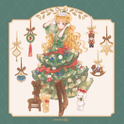 Rule 34 | 1girl, animal ears, artist name, blonde hair, boots, border, bow, box, brown footwear, buttons, christmas, christmas ornaments, christmas stocking, cross-laced footwear, dress, dress bow, food, frilled dress, frills, full body, gift, gift box, green border, green bow, green dress, hat, highres, horns, knee boots, lace-up boots, layered dress, long hair, looking at viewer, merry christmas, mokaffe, original, pom pom (clothes), puffy short sleeves, puffy sleeves, purple eyes, red bow, ribbon, sheep horns, short sleeves, signature, smile, solo, standing, stuffed animal, stuffed toy, teddy bear, very long hair, wavy hair