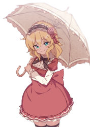 Rule 34 | 1girl, black bow, black hairband, blonde hair, blush stickers, bow, closed mouth, commentary request, dress, flower, frilled hairband, frilled umbrella, frills, green eyes, hair between eyes, hairband, holding, holding umbrella, idolmaster, idolmaster cinderella girls, kyou (kyo u), layered sleeves, long sleeves, looking at viewer, pink flower, pink rose, puffy short sleeves, puffy sleeves, red dress, ribbon-trimmed hairband, ribbon trim, rose, sakurai momoka, short over long sleeves, short sleeves, simple background, smile, solo, striped clothes, striped thighhighs, thighhighs, umbrella, white background, white umbrella