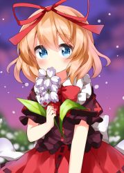 Rule 34 | 1girl, back bow, blonde hair, blue eyes, blurry, blurry background, blush, bow, bowtie, brown shirt, bush, closed mouth, cloud, cloudy sky, collared shirt, commentary request, eyes visible through hair, flower, frills, hair between eyes, hair bow, hand up, highres, leaf, looking to the side, medicine melancholy, one-hour drawing challenge, partial commentary, petals, puffy short sleeves, puffy sleeves, purple flower, purple sky, red bow, red bowtie, red skirt, ruu (tksymkw), shirt, short hair, short sleeves, skirt, sky, solo, touhou, white bow