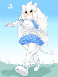 Rule 34 | 1girl, animal ear fluff, animal ears, blue bow, blue necktie, blue skirt, blue sky, blush, boots, bow, breasts, commentary request, elbow gloves, footwear bow, full body, fur collar, gloves, grass, grey eyes, highres, kemono friends, large breasts, lets0020, lion ears, lion girl, long hair, looking afar, medium bangs, necktie, open mouth, pantyhose, plaid, plaid necktie, plaid skirt, skirt, sky, smile, solo, walking, white footwear, white gloves, white hair, white lion (kemono friends), white pantyhose