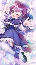 Rule 34 | 1girl, animal ear fluff, animal ears, black footwear, blue cape, blue dress, blue ribbon, buttons, cape, commission, dress, fang, frilled dress, frills, gaogao (gaogaomegu), hand up, hat, highres, hoenaki warg, indie virtual youtuber, looking at viewer, multicolored clothes, multicolored dress, multicolored hair, one eye closed, paw pose, paw print, purple eyes, purple hair, ribbon, shoes, signature, skeb commission, solo, tail, thighs, two-tone hair, virtual youtuber, white background, white dress, white hair, white legwear, wolf ears, wolf girl, wolf paws, wolf tail, wrist cuffs