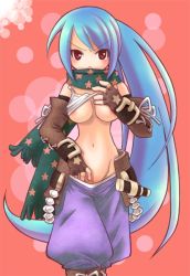 Rule 34 | 1girl, 7th dragon, 7th dragon (series), :&lt;, blue hair, blush, boots, bra, bra lift, breasts, brown footwear, brown gloves, closed mouth, commentary request, feet out of frame, fingerless gloves, gloves, green scarf, lifting own clothes, long hair, looking at viewer, medium breasts, melk (7th dragon), pants, pants tucked in, ponytail, purple pants, red eyes, rogue (7th dragon), sakakura (sariri), scarf, solo, star (symbol), star print, underwear, v-shaped eyebrows, white bra