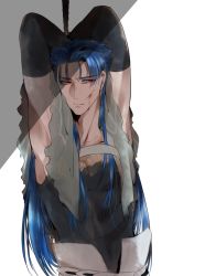 Rule 34 | 1boy, armpits, arms behind back, arms up, blood, blood on face, blue hair, bound, capelet, cu chulainn (caster) (fate), cu chulainn (fate), earrings, fate/grand order, fate (series), fur trim, injury, jewelry, long hair, male focus, namahamu (hmhm 81), red eyes, rope, solo, tied up (nonsexual)