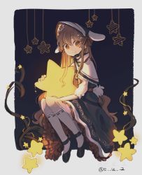Rule 34 | 1girl, animal ears, bad id, bad pixiv id, belt, black bow, black dress, bonnet, bow, branch, brown belt, brown eyes, brown hair, closed mouth, dot nose, dress, eden (e2kay), floating, floppy ears, frilled dress, frilled sleeves, frills, glowing, hair between eyes, hair ornament, hairclip, hat, highres, holding, holding star, kneehighs, knees up, long dress, long hair, long sleeves, looking at viewer, mary janes, original, rabbit ears, rabbit tail, red bow, ribbon-trimmed legwear, ribbon trim, shawl, shoes, sidelocks, smile, socks, solo, star (symbol), star hair ornament, striped, striped bow, symbol-shaped pupils, tail, twitter username, very long hair, wavy hair, white hat, white socks, x hair ornament