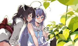 2girls :o ahoge bare_arms bare_shoulders black_pantyhose black_skirt blue_dress blue_eyes brown_hair commentary_request dress frilled_dress frills glasses hair_ornament hairclip headgear holding holding_magnifying_glass japanese_clothes kimono lamb_(hitsujiniku) long_hair low_twintails magnifying_glass multiple_girls obi otomachi_una pantyhose parted_lips pleated_skirt purple_hair red-framed_eyewear red_eyes sailor_collar sailor_dress sash semi-rimless_eyewear skirt sleeveless sleeveless_dress talkex touhoku_kiritan twintails under-rim_eyewear very_long_hair voiceroid white_background white_kimono white_sailor_collar