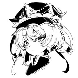 Rule 34 | 1girl, blush, cropped shoulders, garasuno, greyscale, hair between eyes, hat, highres, looking at viewer, monochrome, portrait, ribbon, shiki eiki, simple background, solo, touhou, white background