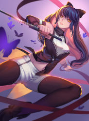 Rule 34 | 1girl, ankle boots, arm ribbon, backlighting, black footwear, black hair, black pantyhose, black scarf, blake belladonna, blurry, boots, bow, bug, butterfly, buttons, catwyz, coattails, depth of field, detached sleeves, from below, garter straps, hair bow, holding, holding weapon, insect, kusarigama, pantyhose under shorts, lips, long hair, looking at viewer, looking down, multicolored hair, navel, outstretched arm, pantyhose, pantyhose under shorts, parted lips, pink hair, ribbon, rwby, scarf, shoes, shorts, sickle, solo, stomach, two-tone hair, weapon, white shorts, yellow eyes
