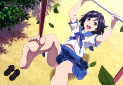 Rule 34 | 1girl, :d, absurdres, barefoot, black hair, blue bow, blue skirt, bow, brown eyes, clothes lift, feet, female focus, foreshortening, hanging, highres, himeragi yukina, leaf, loafers, midriff peek, navel, official art, open mouth, outdoors, panties, pantyshot, pink panties, plant, pleated skirt, sailor collar, school uniform, shirt, shoes, unworn shoes, short sleeves, skirt, skirt lift, smile, unworn socks, solo, strike the blood, teeth, toes, underwear, upper teeth only, white shirt