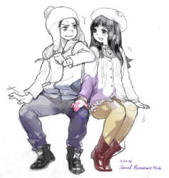 Rule 34 | 1boy, 1girl, :d, :o, ^^^, beret, black hair, chullo, coat, craig tucker, hana-kagume, hand on another&#039;s knee, hat, leg grab, long hair, open mouth, pants, parted lips, simple background, smile, south park, sweatdrop, unfinished, wendy testaburger, white background, yellow legwear