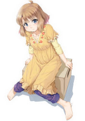 Rule 34 | 1girl, :t, ahoge, barefoot, blouse, blue eyes, blue pants, blush, box, brown dress, brown hair, capri pants, cardboard box, closed mouth, collarbone, commentary request, dress, fingernails, full body, idolmaster, idolmaster million live!, idolmaster million live! theater days, layered sleeves, long hair, long sleeves, looking at viewer, miri (ago550421), on box, pants, pout, puffy short sleeves, puffy sleeves, shadow, shirt, short over long sleeves, short sleeves, signature, sitting, solo, suou momoko, toenails, v-shaped eyebrows, white background, yellow shirt