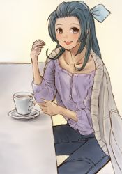 Rule 34 | 1girl, alternate costume, blouse, blue pants, commentary request, cup, denim, forehead, green hair, grey jacket, hair ribbon, half updo, highres, hot chocolate, jacket, jacket on shoulders, jeans, kantai collection, ld (luna dial398), medium hair, mug, open mouth, pants, purple shirt, ribbon, round teeth, shirt, simple background, solo, suzunami (kancolle), table, teeth, upper teeth only, white background, white ribbon
