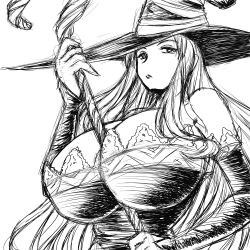 Rule 34 | between breasts, bit, breasts, cleavage, dragon&#039;s crown, hat, huge breasts, monochrome, sketch, sorceress (dragon&#039;s crown), staff, vanillaware, weapon, witch hat