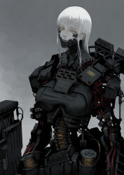 Rule 34 | 1girl, absurdres, android, armor, breasts, cable, grey background, highres, jittsu, large breasts, looking at viewer, mechanical arms, mechanical parts, mechanical spine, medium hair, original, science fiction, sidelocks, simple background, solo, upper body, white hair, yellow eyes