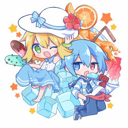 1boy 1girl :o ;d adjusting_clothes adjusting_headwear alternate_costume amitie_(puyopuyo) arm_up barefoot blonde_hair blue_bow blue_coat blue_eyes blue_footwear blue_hair blue_neckerchief blue_screen_of_death bow buttons chibi chibi_only coat collared_shirt denim double-parted_bangs drinking_straw eating flipped_sidelocks flower food fruit full_body futaba969649 green_eyes hand_in_pocket happy hat hat_bow hat_flower heterochromia hibiscus highres holding holding_food holding_popsicle jeans jitome juice knee_up knees_up mint_chocolate neckerchief one_eye_closed open_mouth orange_(fruit) orange_juice orange_slice pants pink_flower popsicle puyopuyo red_eyes red_sash ribbed_shirt ribbon-trimmed_pants sailor_collar sash shaved_ice shirt short_hair sidelocks sig_(puyopuyo) simple_background skirt_hold sleeveless sleeveless_shirt sleeves_past_wrists smile split_mouth standing standing_on_one_leg star_(symbol) striped_bow striped_clothes striped_shirt summer sun_hat white_background white_hat white_shirt wristband