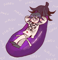 Rule 34 | 1boy, ahirumamire, arms behind head, black hair, bright pupils, checkered clothes, checkered scarf, crossed legs, danganronpa (series), danganronpa v3: killing harmony, eggplant, hair between eyes, looking at viewer, male focus, no nose, oma kokichi, open mouth, oversized food, oversized object, pants, purple background, purple eyes, scarf, shirt, short hair, solo, white pants, white pupils, white shirt