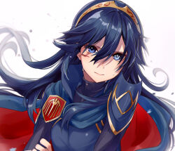 Rule 34 | 1girl, blue eyes, blue hair, brand of the exalt, cape, closed mouth, cuts, fire emblem, fire emblem awakening, floating hair, frown, hair between eyes, haru (nakajou-28), highres, injury, long hair, looking at viewer, lucina (fire emblem), nintendo, revision, serious, simple background, solo, sweat, symbol in eye, tiara, upper body, white background