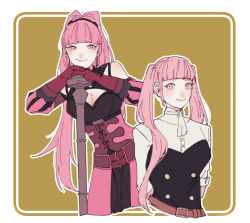 Rule 34 | 1girl, aged down, bare shoulders, belt, blunt bangs, breasts, brown background, brown belt, buttons, cleavage, closed mouth, collar, commentary request, detached sleeves, ear piercing, earrings, female focus, fire emblem, fire emblem: three houses, garreg mach monastery uniform, gloves, hair over shoulder, hilda valentine goneril, jewelry, lips, long hair, matching hair/eyes, nintendo, onigirifuton, own hands together, parted lips, piercing, pink eyes, pink hair, red gloves, shirt, simple background, sleeves rolled up, smile, twintails, upper body, weapon