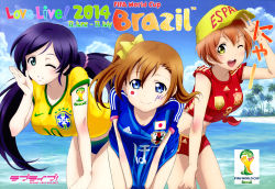 Rule 34 | 10s, 2014 fifa world cup, 3girls, adidas, aqua eyes, bad id, bad pixiv id, baseball cap, blue eyes, bow, brazil, breasts, brown hair, clothes writing, copyright name, english text, facepaint, grin, hair bow, hat, highres, hoshizora rin, japan, kosaka honoka, large breasts, leaning forward, long hair, looking at viewer, love live!, love live! school idol project, megllica, midriff, multiple girls, one eye closed, open mouth, purple hair, short hair, smile, soccer, soccer uniform, spain, sportswear, third-party edit, tojo nozomi, twintails, v, wink, world cup, yellow eyes