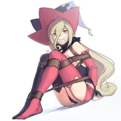 Rule 34 | 1girl, absurdres, black panties, blonde hair, bound, gagged, green eyes, hair between eyes, hat, highres, long hair, looking at viewer, lucine-chan, magilou (tales), multicolored clothes, multicolored hat, panties, pointy ears, simple background, solo, tales of (series), tales of berseria, thighhighs, underwear, very long hair, white background, witch hat