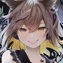 Rule 34 | 1girl, black background, blonde hair, earmuffs, earrings, grin, hair between eyes, hand up, jewelry, long hair, looking at viewer, nail polish, parted lips, portrait, smile, solo, syuri22, touhou, toyosatomimi no miko, yellow eyes