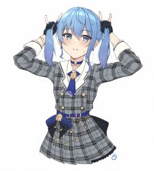 Rule 34 | 1girl, ahoge, black gloves, blue choker, blue eyes, blue hair, blue necktie, blush, choker, envyvanity, gloves, hair between eyes, holding, holding own hair, hololive, hoshimachi suisei, hoshimachi suisei (1st costume), looking at viewer, necktie, partially fingerless gloves, plaid, signature, simple background, smile, solo, virtual youtuber, white background