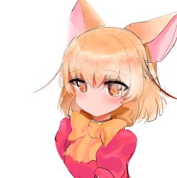 Rule 34 | 1girl, absurdres, animal ears, bad id, bad pixiv id, blonde hair, blush, bow, brown eyes, closed mouth, commentary request, dokomon, fennec (kemono friends), fox ears, hair between eyes, highres, kemono friends, looking at viewer, orange bow, pink sweater, puffy short sleeves, puffy sleeves, short sleeves, simple background, solo, sweater, upper body, white background