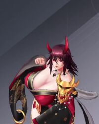 Rule 34 | 1girl, 3d, action taimanin, alternate costume, animated, bare legs, bare shoulders, bouncing breasts, breasts, curvy, dress, fake horns, fingernails, hair ornament, hanging breasts, horns, huge breasts, japanese clothes, kimono, lilith-soft, looking at viewer, mizuki shiranui, nail polish, official alternate costume, open mouth, revealing clothes, ryona, shiny skin, short dress, sideboob, smile, solo, sound, standing, taimanin (series), taimanin yukikaze, talking, underwear, video, wide hips