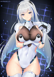 Rule 34 | 1girl, arm under breasts, armor, blue eyes, blue hair, blush, breasts, closed mouth, covered navel, cyicheng, dualsense, game console, gloves, hair ornament, highleg, highleg leotard, large breasts, leotard, long hair, looking at viewer, multicolored hair, original, pauldrons, personification, playstation 5, playstation controller, product girl, ps5 chan, shoulder armor, silver hair, smile, solo, sony, streaked hair, thighhighs, thighs, white gloves, white leotard, white thighhighs, wide hips