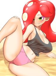 Rule 34 | 1girl, absurdres, blush, breasts, cleavage, clenched teeth, collarbone, feet out of frame, female focus, green eyes, hair over one eye, hand on own knee, highres, large breasts, long hair, lying, navel, nintendo, on side, panties, parted lips, pero (pero7762), pink panties, red hair, simple background, smile, solo, splatoon (series), spread legs, suction cups, takozonesu, tank top, teeth, tentacle hair, thighs, underwear, white background