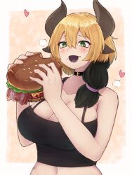 Rule 34 | 1girl, animal ears, bare arms, black collar, black hair, black shirt, blonde hair, blush, breasts, burger, cleavage, collar, commission, cow ears, cow girl, cow horns, crop top, eating, food, green eyes, heart, highres, holding, holding food, horns, large breasts, monster girl, multicolored hair, navel, original, shirt, simple background, skeb commission, sleeveless, solo, two-tone hair, upper body, yonaga san