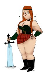 Rule 34 | 1girl, armband, black eyes, boots, braid, breasts, choker, flora (samurai jack), hand on own hip, headband, heart, highres, large breasts, lipstick, makeup, orange hair, red hair, samurai jack, simple background, skirt, solo, sword, tagme, thick thighs, thighs, weapon, white background