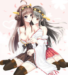 Rule 34 | 10s, 2girls, :o, ahoge, bad id, bad pixiv id, bare shoulders, black hair, black legwear, blush, breasts, brown hair, detached sleeves, female focus, frilled skirt, frills, hairband, haruna (kancolle), japanese clothes, kantai collection, kongou (kancolle), kzhu, large breasts, long hair, multiple girls, naughty face, off shoulder, open mouth, personification, petals, purple eyes, red eyes, ribbon-trimmed sleeves, ribbon trim, shy, sitting, skirt, smile, strap slip, thighhighs, undressing, yuri, zettai ryouiki