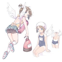 Rule 34 | 1girl, :o, ahoge, angel, backless outfit, backpack, bag, blue eyes, blue footwear, blue one-piece swimsuit, brown hair, commentary request, denim, denim skirt, feathered wings, flying, hair bobbles, hair ornament, heart, highres, looking at viewer, looking back, miniskirt, multiple views, one-piece swimsuit, original, pouch, randoseru, rojiko, school swimsuit, shoes, shorts, shorts under skirt, side ponytail, simple background, skirt, socks, swimsuit, tan, tanline, white background, white legwear, white wings, wings