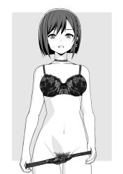 Rule 34 | 1girl, arms at sides, blunt ends, blush, bob cut, border, bra, breasts, chikaneki, choker, clothes pull, collarbone, commentary, cowboy shot, female pubic hair, frown, grey background, greyscale, lace, lace bra, lace panties, lingerie, looking at viewer, medium breasts, monochrome, navel, open mouth, outside border, panties, panty pull, project sekai, pubic hair, pulled by self, raised eyebrows, shinonome ena, short hair, simple background, solo, standing, sweatdrop, thigh gap, thumb in beltline, underwear, underwear only, undressing, white border