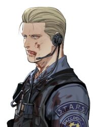 Rule 34 | 1boy, albert wesker, bad source, blonde hair, blood, blood on clothes, blood on face, bulletproof vest, hair slicked back, highres, licking blood, licking lips, male focus, muscular, muscular male, police, police uniform, red eyes, resident evil, tatsumi (psmhbpiuczn), tongue, tongue out, uniform