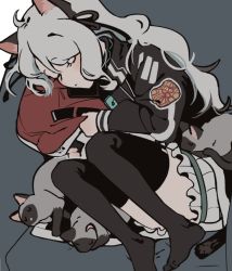 Rule 34 | 1girl, animal hair, arknights, black collar, black jacket, black ribbon, cat, closed eyes, collar, couch, grey hair, hair ribbon, holding, holding clothes, holding jacket, implied yuri, infection monitor (arknights), jacket, unworn jacket, lelioz, long sleeves, mint (arknights), red jacket, ribbon, skirt, skyfire (arknights), sleeping, solo, thighhighs, white skirt, white thighhighs