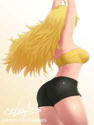 Rule 34 | 1girl, ahoge, arms up, ass, back, bare arms, bare legs, black shorts, blonde hair, breasts, cowboy shot, cslucaris, female focus, from behind, gradient background, large breasts, legs, long hair, midriff, rwby, shiny skin, short shorts, shorts, solo, standing, strapless, thighs, tube top, yang xiao long, yellow tubetop