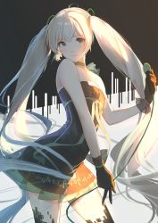 Rule 34 | ahoge, alternate eye color, alternate hair color, arched back, backlighting, black dress, cable, caidychen, choker, dress, gloves, green eyes, hair ornament, hatsune miku, highres, holding, holding cable, long hair, looking at viewer, microphone, simple background, solo, standing, v, very long hair, vocaloid, white background