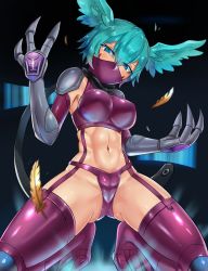 Rule 34 | 1girl, armpit peek, bird legs, blue eyes, blue hair, breasts, cameltoe, claws, digimon, digimon (creature), full body, harpy, head wings, highres, kneeling, large breasts, looking at viewer, mask, monster girl, mouth mask, navel, revealing clothes, shiny clothes, short hair, shutumon, solo, thong, wide hips, wings, ytrall