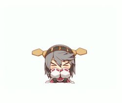 Rule 34 | &gt; &lt;, 10s, 1girl, :d, animated, animated gif, arms up, asuto3, blush, brown hair, buri hamachi, chibi, closed eyes, detached sleeves, haruna (kancolle), headgear, kantai collection, long hair, looking at viewer, nontraditional miko, open mouth, pleated skirt, simple background, skirt, smile, solo, translation request, white background, wide sleeves, xd