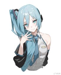 Rule 34 | 1girl, bare shoulders, blue eyes, blue hair, blue nails, blue necktie, blush, breasts, chinese commentary, closed mouth, collared shirt, cropped torso, detached sleeves, double-parted bangs, fingernails, hair between eyes, hand up, hatsune miku, hatsune miku (noodle stopper), head tilt, headphones, highres, long hair, looking at viewer, meme, nail polish, necktie, open hand, shirt, side ponytail, sidetail miku noodle stopper (meme), simple background, sleeveless, sleeveless shirt, small breasts, smile, snowcake47, solo, straight hair, vocaloid, watermark, weibo watermark, white background