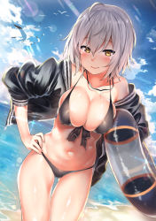 Rule 34 | 1girl, 3:, ahoge, beach, bikini, bird, black bikini, blue sky, blush, breasts, closed mouth, cowboy shot, day, dutch angle, fate/grand order, fate (series), front-tie bikini top, front-tie top, hand on own hip, highres, innertube, jacket, jeanne d&#039;arc (fate), jeanne d&#039;arc alter (avenger) (fate), jeanne d&#039;arc alter (fate), jewelry, kawai (purplrpouni), large breasts, navel, necklace, off shoulder, open clothes, open jacket, outdoors, rosary, shiny skin, short hair, silver hair, sky, solo, sunlight, swim ring, swimsuit, yellow eyes